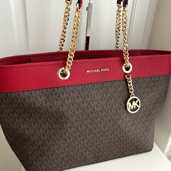 NWT Brand New Michael Kors Brown Red Tote Bag - Picture 2 of 5